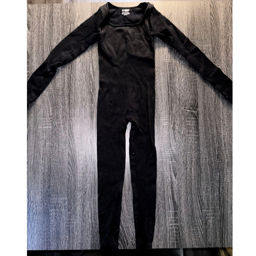 Black Ribbed Unitard Jumpsuit Square Neck Long Sleeve Bodycon Catsuit XS